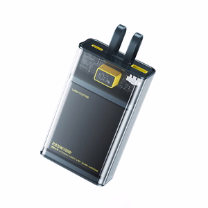 WEKOME WP-325 Vanguard Series išorinė baterija, 20000 mAh, PD 20 W + QC 22,5 W, su integruotais USB-C ir Lightning laidais, juoda ir skaidri