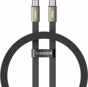 Plokščias kabelis „C“ tipo į „C“ tipo „VEGER PD 3A 60W CC06-MTB“, 1,2 m, juodos spalvos