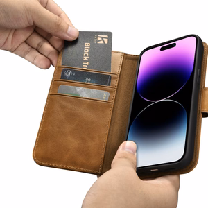 iCarer Aliejaus Vaško Piniginės Dėklas 2in1 Dangtelis iPhone 14 Pro Anti-RFID Odinis Atverčiamas Dėklas Rudas (WMI14220722-TN)