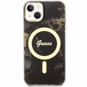 Guess GUHMP14SHTMRSK iPhone 14 6.1" juodas/juodas kietas dėklas Golden Marble Magnetinis