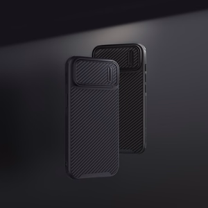 Nillkin Synthetic Fiber S dėklas iPhone 14 Plus su kameros dangteliu, juodas