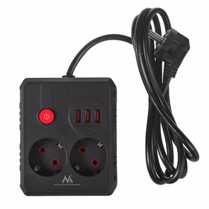Maclean power strip, extender 2 sockets + 3xUSB, 110-240V AC 50/60Hz, 2.1A max 2500W, 1.5m, black, MCE387 B