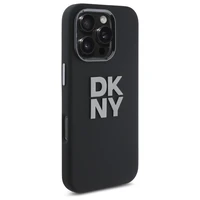 DKNY skystos silikoninės medžiagos dėklas telefonui su metaliniu logotipu iPhone 16 Pro Max - juodas