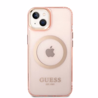 Guess GUHMP14SHTCMP iPhone 14 6.1" rožinis kietas dėklas su auksiniu kontūru, permatomas, magnetinis (MagSafe)