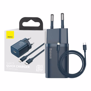 Baseus Super Si 1C greito įkrovimo įkroviklis USB Type C 20W Power Delivery + USB Type C - Lightning kabelis 1m mėlynas (TZCCSUP-B03)