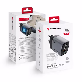 FORCELL F-ENERGY GaN III VT-37 kelioninis įkroviklis su skaitmenine indikacija Type C + USB A PD QC4.0 SAM SFC2.0 3,45A 70W pilkas
