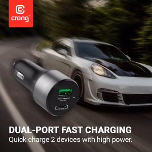 Crong Power 63 W automobilinis įkroviklis su USB-C PD 45 W ir USB-A QC 3.0 18 W jungtimis, juodas