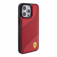 Ferrari Perforuotos bangos metalinis logotipas dėklas telefonui iPhone 15 Pro - raudonas