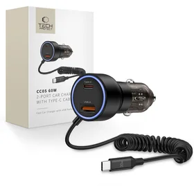CC05 Automobilinis įkroviklis su 2 prievadais PD60 W + USB-C kabelis - juodas