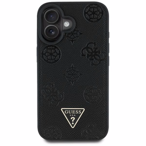 Guess Grained Hot Stamp Peony trikampio logotipo magnetinis dėklas telefonui iPhone 16 - juodas