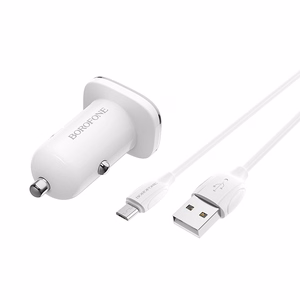 Borofone BZ12A Lasting Power QC3.0 18 W automobilinis įkroviklis su Micro-USB laidu, baltas