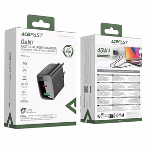 Acefast A106 GaN PD sieninis įkroviklis, 45 W, USB-C, USB-A, juodas