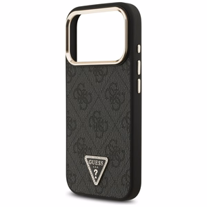 Guess PU Leather 4G Strass Triangle Logo Gold Frame MagSafe dėklas Apple iPhone 18 Pro, juodas