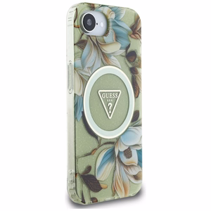 Guess IML Metal Glitter Flowers Triangle Magnetinis dėklas telefonui iPhone 16e - žalias
