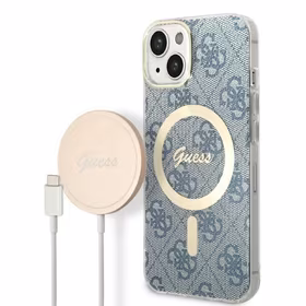 Rinkinys Guess GUBPP14MH4EACSB dėklas + įkroviklis iPhone 14 Plus 6.7" mėlynas/mėlynas kietas dėklas 4G Print Magnetinis