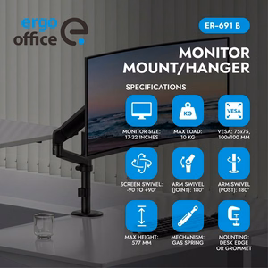 Ergo Office ER-691 B – dujinės spyruoklės monitoriaus laikiklis 17–32 col. ekranams, 1–10 kg, VESA iki 100×100, matinis juodas