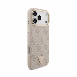 Dėklas Guess PU Leather 4G Strass Triangle Logo Gold Frame MagSafe Apple iPhone 18 Pro rožinis