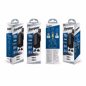 Energizer Ultimate A65MUC GaN kelioninis tinklo įkroviklis su EU / UK / US kištukais, USB-C + USB-A, 65 W PD, su USB-C laidu, juodas