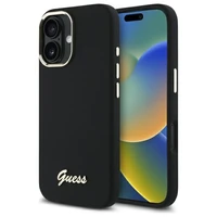 "Guess" silikoninis "iPhone 16 Plus" korpusas su metaliniu logotipu ir rėmeliu - juodas