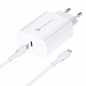 Įkroviklis Forcell + "USB-C (Type-C) to Lightning Cable" (1xUSB-C 3A 20W) baltas