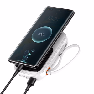 Baseus Qpow su skaitmenine indikacija išorinė baterija su greitu įkrovimu 20000mAh 22.5W QC/PD/SCP/FCP su įmontuotu USB-C kabeliu balta