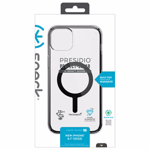 Speck Presidio Perfect-Clear with Impact Geometry + MagSafe case for iPhone 15 Plus / 14 Plus, with Microban antimicrobial protection, Clear / Black