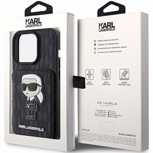 Karl Lagerfeld Saffiano kortelių lizdai ir stovas monograma Ikonik pleistras dėklas iPhone 15 Pro - juoda