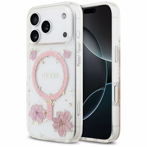 Guess dervos gėlės blizgus magnetinis dėklas telefonui iPhone 17 Pro rožinis