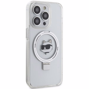 Karl Lagerfeld KLHMP15LHMRSCHH iPhone 15 Pro 6.1" baltas/baltas kietas dėklas su žiediniu stovu Choupette Galva Magnetinis