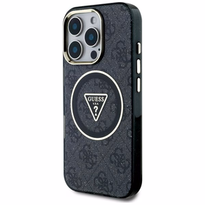 Guess IML Metal Glitter 4G Circle Triangle Magnetinis dėklas telefonui iPhone 16 Pro - juodas