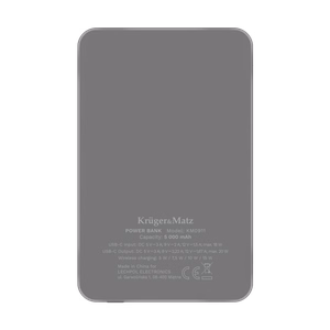 Krüger&Matz magnetinė belaidė išorinė baterija, 5000 mAh, pilka
