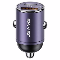USAMS Automobilinis įkroviklis 1xUSB+1xUSB-C C38 30W PD Fast Charge su integruotu žiedu violetinis CC206CC02 (US-CC206)