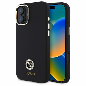 Guess Silikoninis Logo Strass 4G dėklas iPhone 16 - juodas
