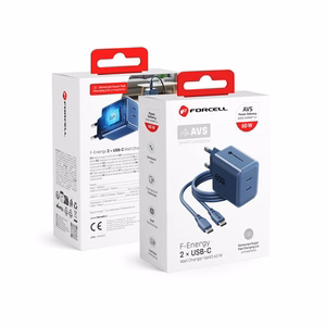 Telefono įkroviklis Forcell F-Energy GaN III Crystal Color, 2x USB C, AVS, SSFC3.0, 60W + silikoninis laidas USB C į USB C VT-60, tamsiai mėlynas