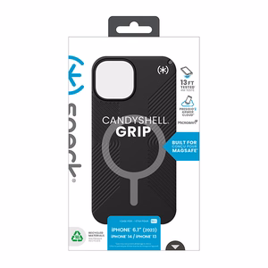 Speck Presidio2 Grip MagSafe dėklas, skirtas iPhone 17e / 16e / 15 / 14 / 13, juodas su skalūno pilkos spalvos detalėmis