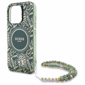 Guess IML Flowers Allover Electro With Pearl Strap MagSafe dėklas telefonui iPhone 16 Pro Max - žalias