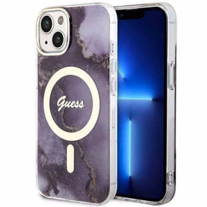 Guess GUHMP14SHTMRSU iPhone 14 6.1" violetinė/violetinė kietas dėklas Golden Marble Magnetinis