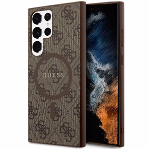 Guess 4G Collection Leather Metal Logo MagSafe dėklas telefonui Samsung Galaxy S24 Ultra - rudas