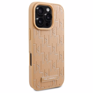Karl Lagerfeld odinis monogramos metalinio logotipo magnetinis dėklas telefonui iPhone 16 Pro - smėlinis
