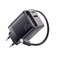 Įkroviklis Essager "Scope" juodas 65W (1xPD / 1xQC3.0) + integruotas Type-C laidas