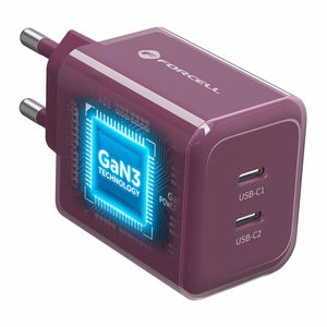 Bordo spalvos 60 W sieninis įkroviklis „Forcell F-Energy GaN III Crystal Color VT-60“, 2 × USB-C, AVS/PPS, su 1 m 60 W silikoniniu USB-C–USB-C kabeliu