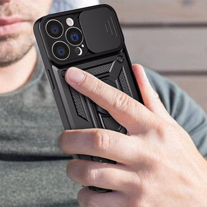 Hybrid Armor Camshield dėklas telefonui iPhone 14 Pro Max šarvuotas dėklas su kameros dangteliu juodas