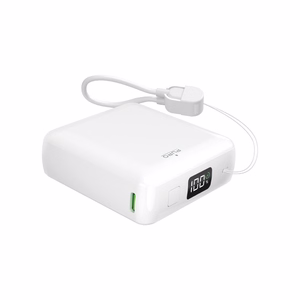 Puro 10000mAh 20W USB-C USB-A išorinė baterija su ekranu ir įmontuotu USB-C kabeliu – balta