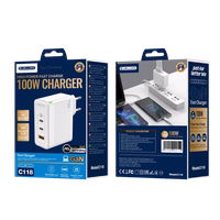 JELLICO tinklinis įkroviklis C118 GaN PD 100W 2xUSB-C + 1xUSB QC3.0 + laidas USB-C - Lightning Baltas