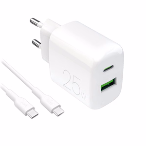 Puro PROLITE 25W USB-A / USB-C sieninis įkroviklis + USB-C - USB-C kabelis 1.2m - baltas