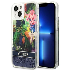 Guess GUHCP14MLFLSB iPhone 14 Plus 6.7 "mėlynas/mėlynas kietas dėklas Flower Liquid Glitter