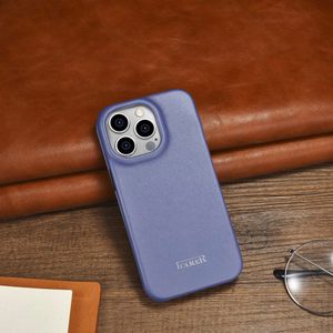 iCarer CE Premium odinis folio dėklas iPhone 14 Pro Max magnetinis atverčiamas odinis folio dėklas MagSafe šviesiai violetinė
