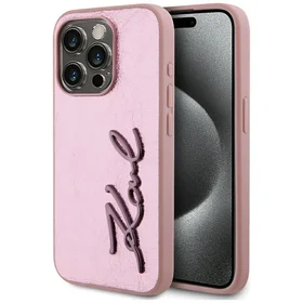 Karl Lagerfeld Wrinkled Metal Signature dėklas telefonui iPhone 15 Pro Max - rožinis