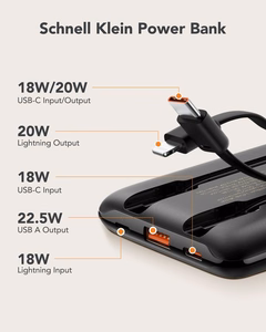 VEGER išorinė baterija 10000 mAh su įmontuotais kabeliais Type C / Lightning PD QC3.0 2A 22,5W C11 (W1170) juoda