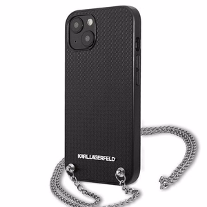 Karl Lagerfeld KLHCP13SPMK iPhone 13 mini 5,4 "juodas kietas dėklas Odinis tekstūruotas ir grandinė